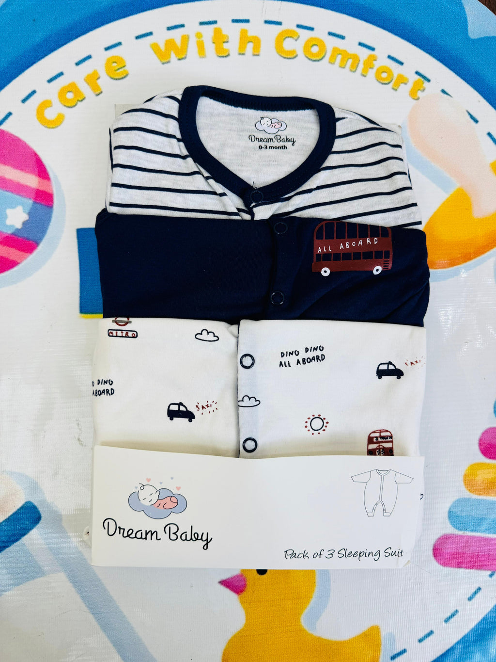 Dream Baby Pack of 3 Sleep Suit Rompers Collection NB(open feet)