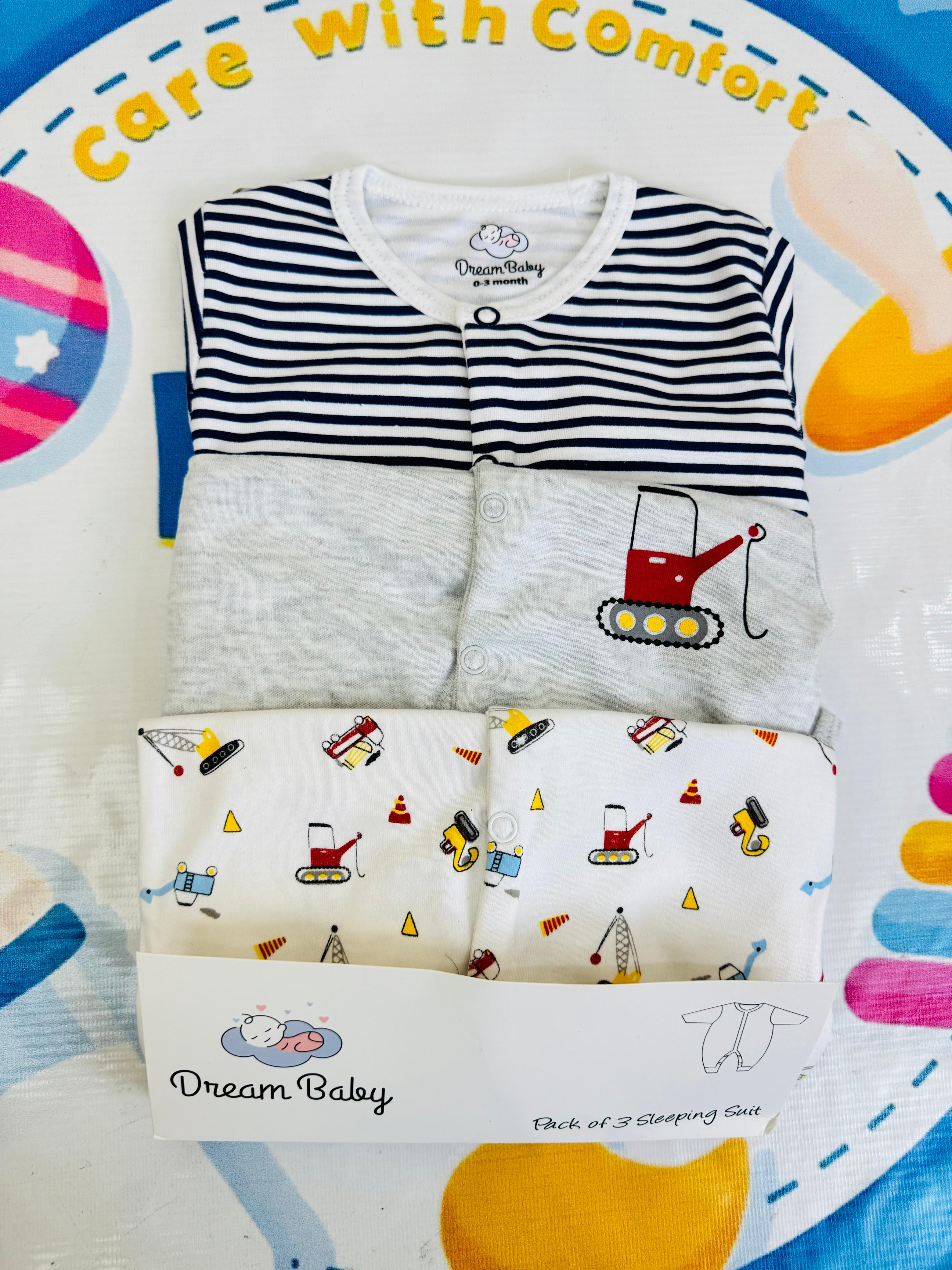 Dream Baby Pack of 3 Sleep Suit Rompers Collection GR(open feet)