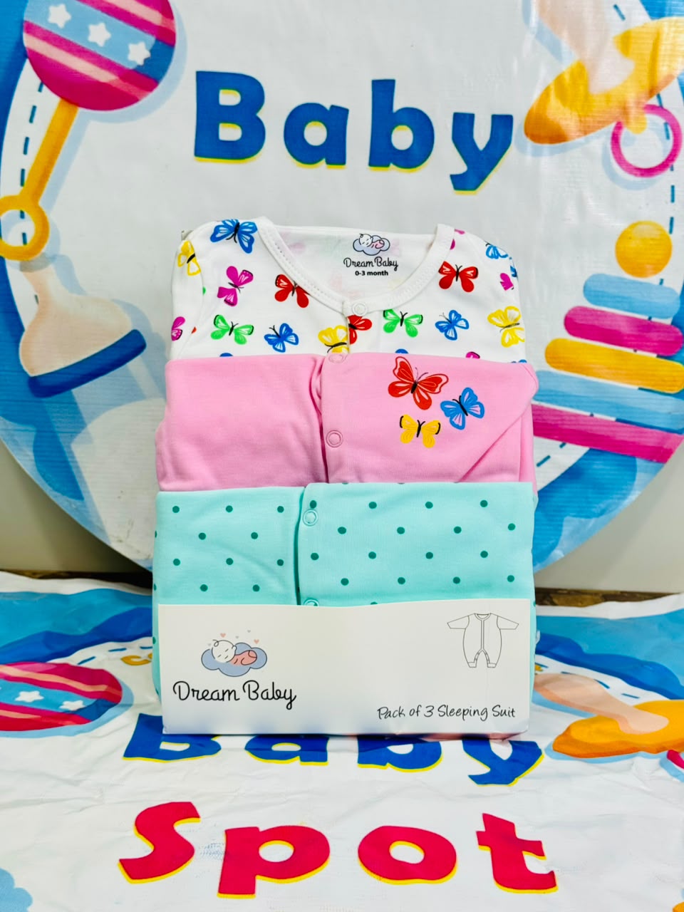Dream Baby Pack of 3 Sleep Suit Rompers Collection PB(open feet)