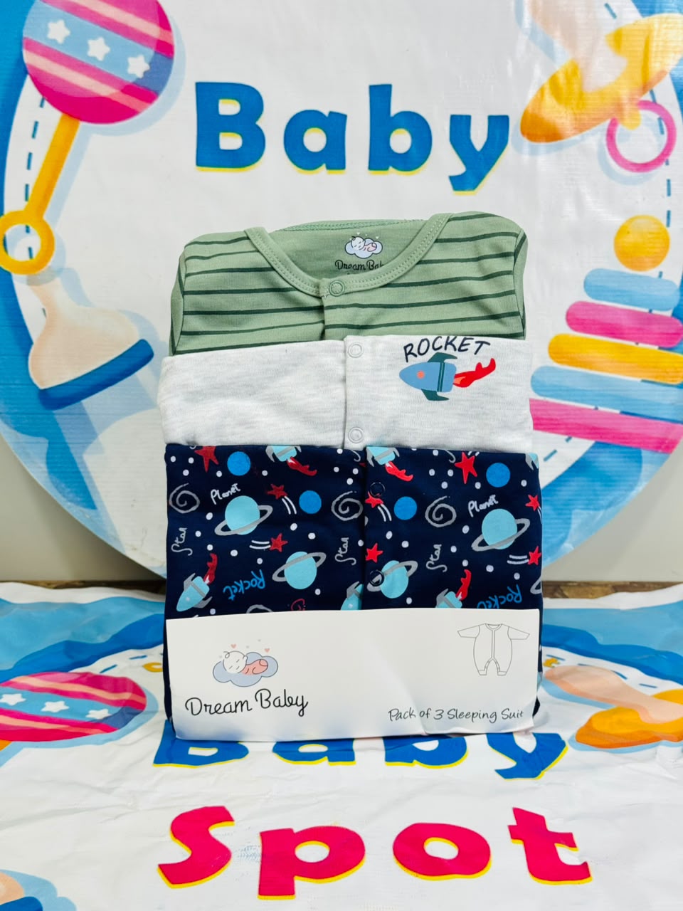 Dream Baby Pack of 3 Sleep Suit Rompers Collection GN(open feet)