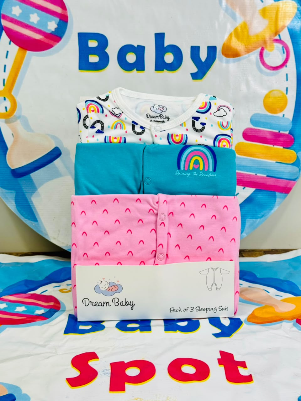 Dream Baby Pack of 3 Sleep Suit Rompers Collection FP(open feet)