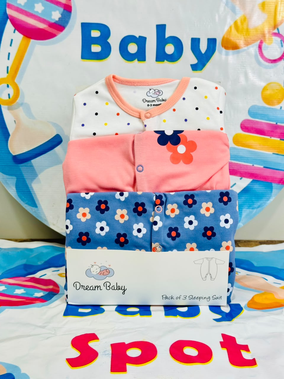 Dream Baby Pack of 3 Sleep Suit Rompers Collection BPE(open feet)
