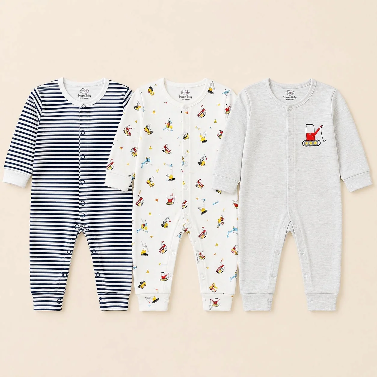 Dream Baby Pack of 3 Sleep Suit Rompers Collection GR(open feet)
