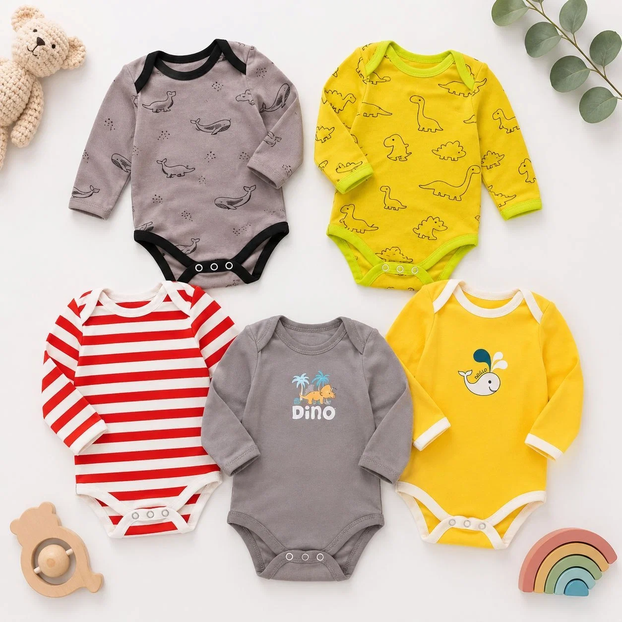Pack of 5 Full-Sleeve Baby Bodysuits | Imported Babywear