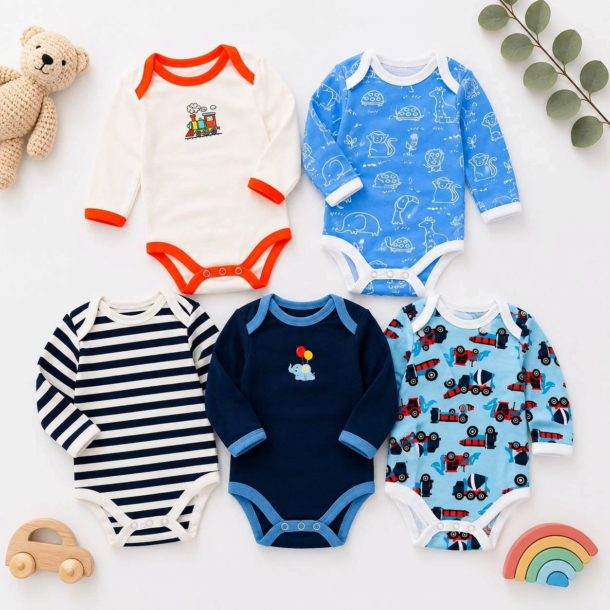 Pack of 5 Full-Sleeve Baby Bodysuits | Imported Babywear