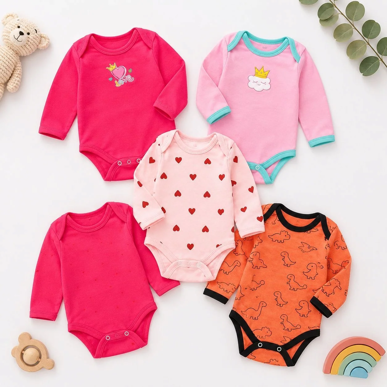 Pack of 5 Full-Sleeve Baby Bodysuits | Imported Babywear