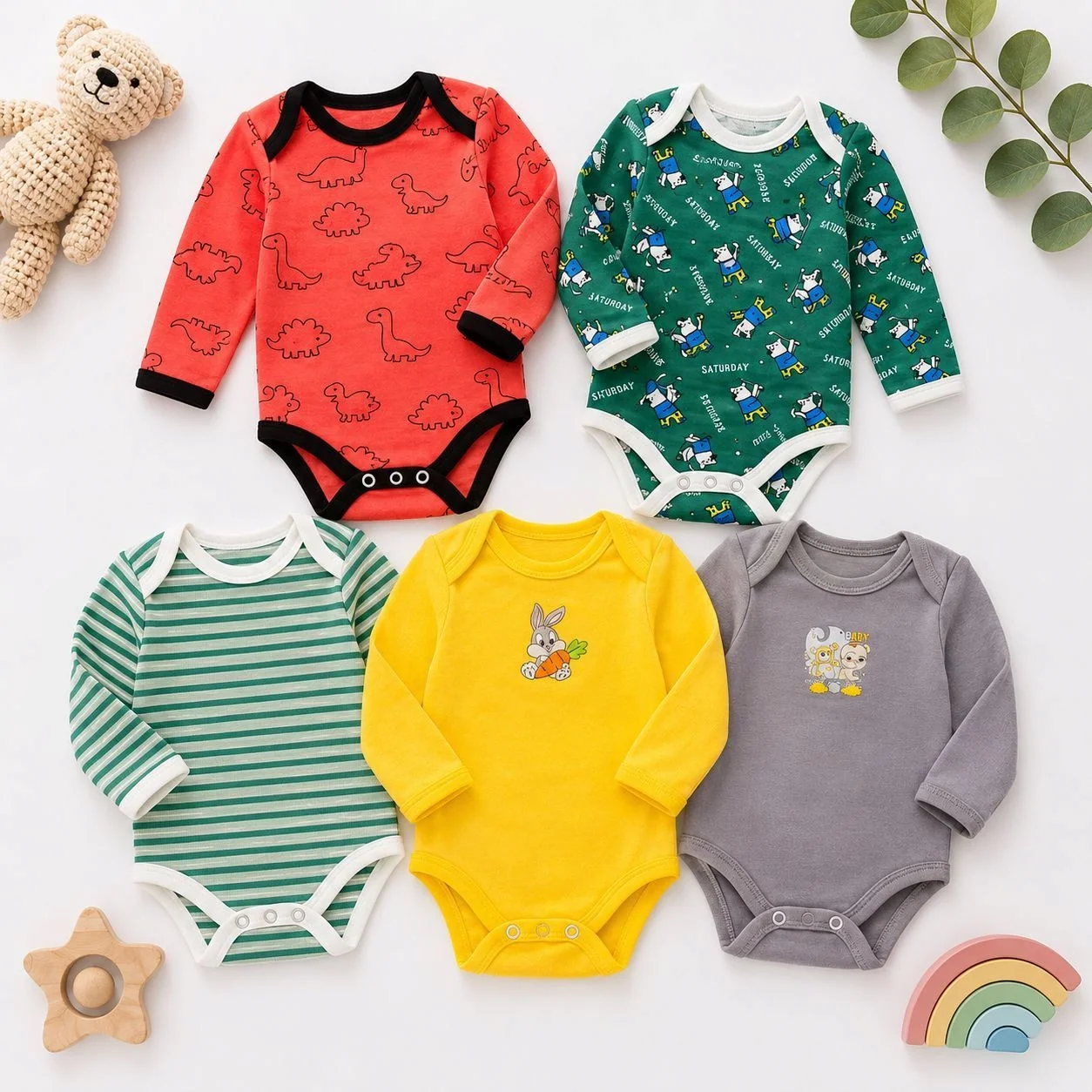 Pack of 5 Full-Sleeve Baby Bodysuits | Imported Babywear