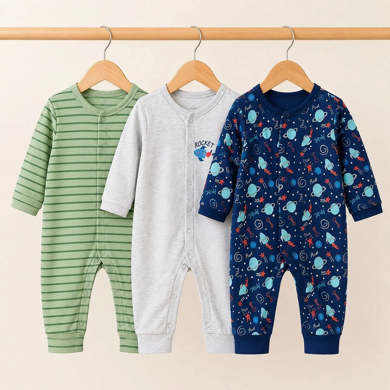 Dream Baby Pack of 3 Sleep Suit Rompers Collection GN(open feet)