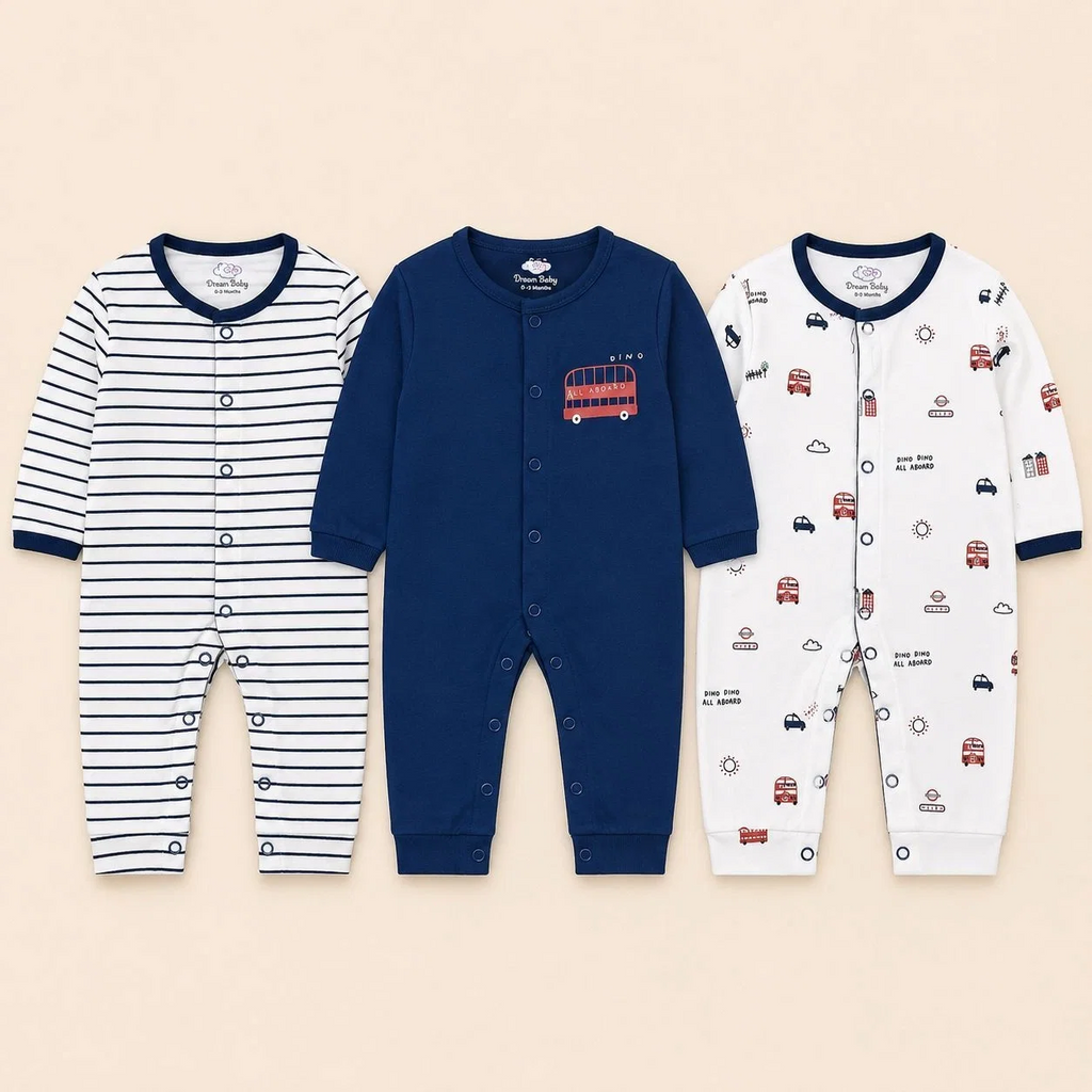 Dream Baby Pack of 3 Sleep Suit Rompers Collection NB(open feet)