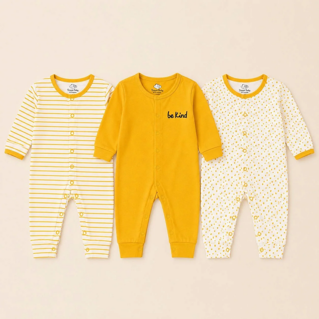Dream Baby Pack of 3 Sleep Suit Rompers Collection Y (open feet )